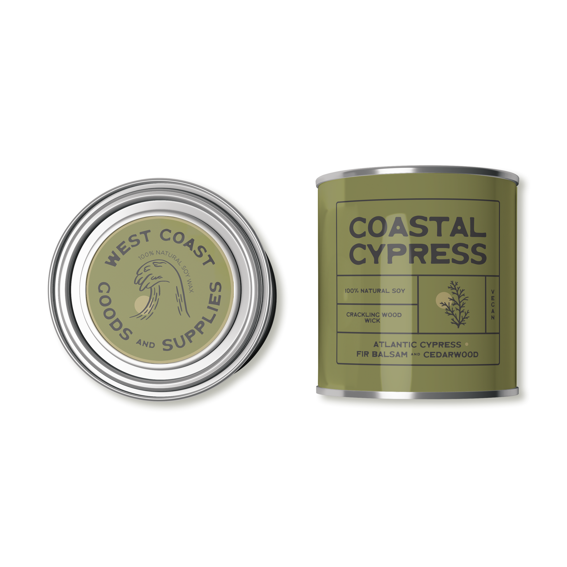 This product is a scented candle from "Kernowfornia Soul Candle Co" with a natural, minimalist design. It features the scent "Coastal Cypress" with notes of Atlantic Cypress, Fir Balsam, and Cedarwood. Made with 100% natural soy and a crackling wood wick, it's also vegan-friendly