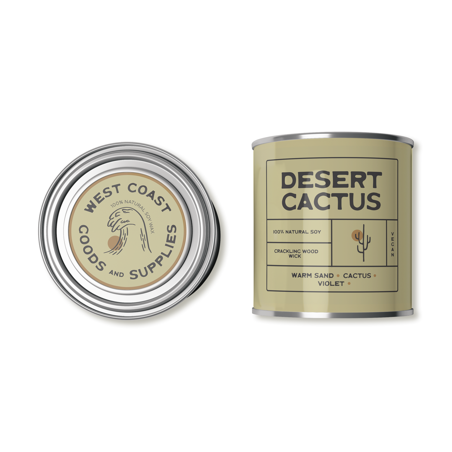 This product is a scented candle from "Kernowfornia Soul Candle Co" with a natural, minimalist design. It features the scent "Desert Cactus" with notes of Warm sand, Cactus and Violet. The tin is soft light green.  Made with 100% natural soy and a crackling wood wick, it's also vegan-friendly