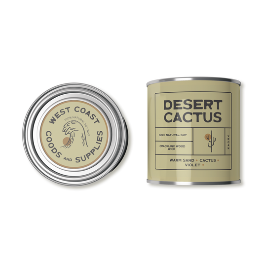 This product is a scented candle from "Kernowfornia Soul Candle Co" with a natural, minimalist design. It features the scent "Desert Cactus" with notes of Warm sand, Cactus and Violet. The tin is soft light green.  Made with 100% natural soy and a crackling wood wick, it's also vegan-friendly