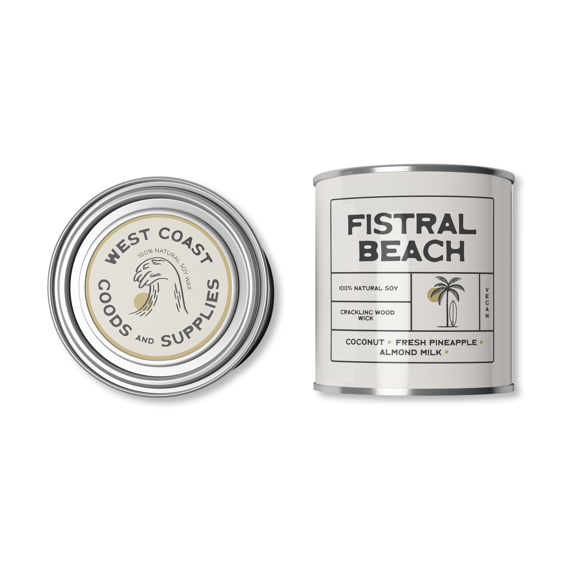 This product is a scented candle from "Kernowfornia Soul Candle Co" with a natural, minimalist design. It features the scent "Fistral Beach" with notes of Coconut, Pineapple and Almond milk.  The tin is a beautiful off white. Made with 100% natural soy and a crackling wood wick, it's also vegan-friendly