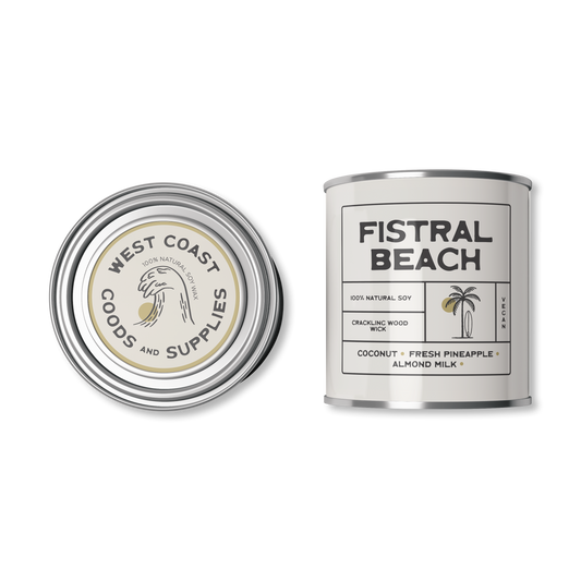 This product is a scented candle from "Kernowfornia Soul Candle Co" with a natural, minimalist design. It features the scent "Fistral Beach" with notes of Coconut, Pineapple and Almond milk.  The tin is a beautiful off white. Made with 100% natural soy and a crackling wood wick, it's also vegan-friendly