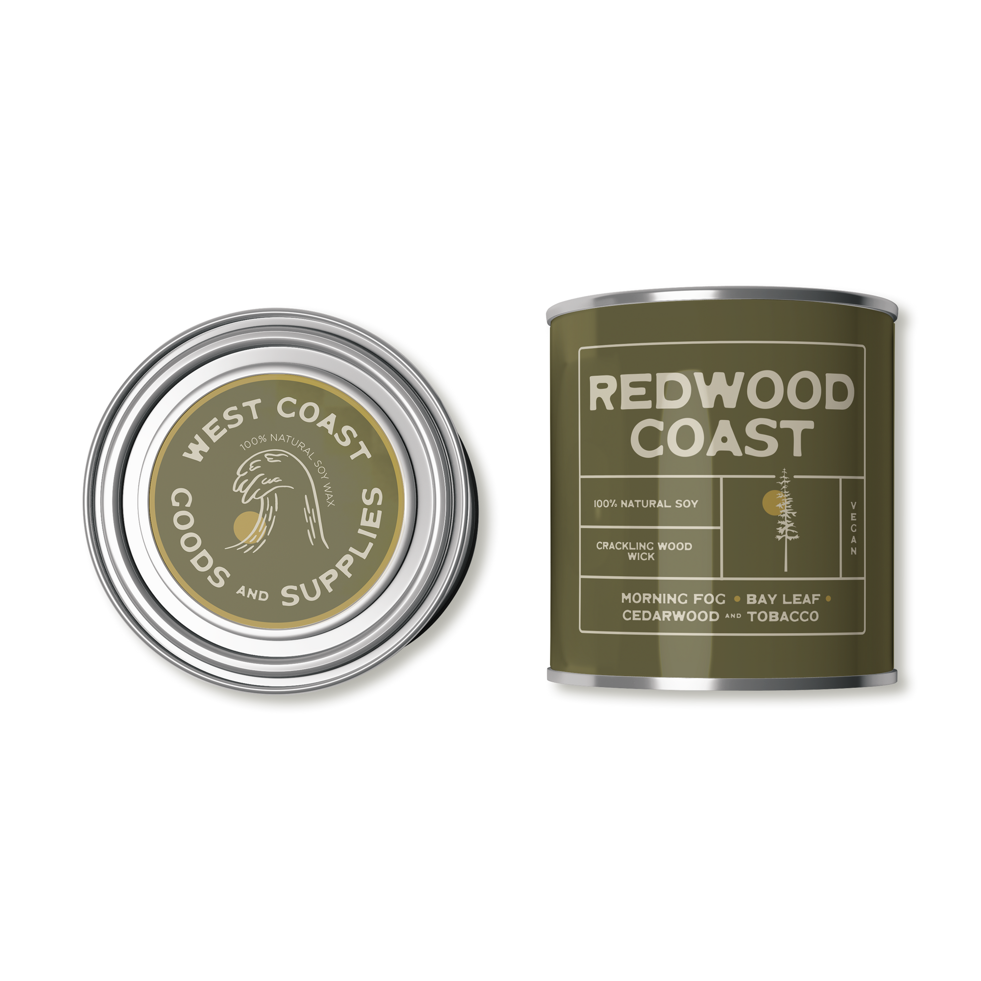 This product is a scented candle from "Kernowfornia Soul Candle Co" with a natural, minimalist design. It features the scent "Redwood Coast" with notes of Morning Fog, Bay Leaf, and Tobacco and Cedarwood.  The tin is a neutral dark olive green. Made with 100% natural soy and a crackling wood wick.