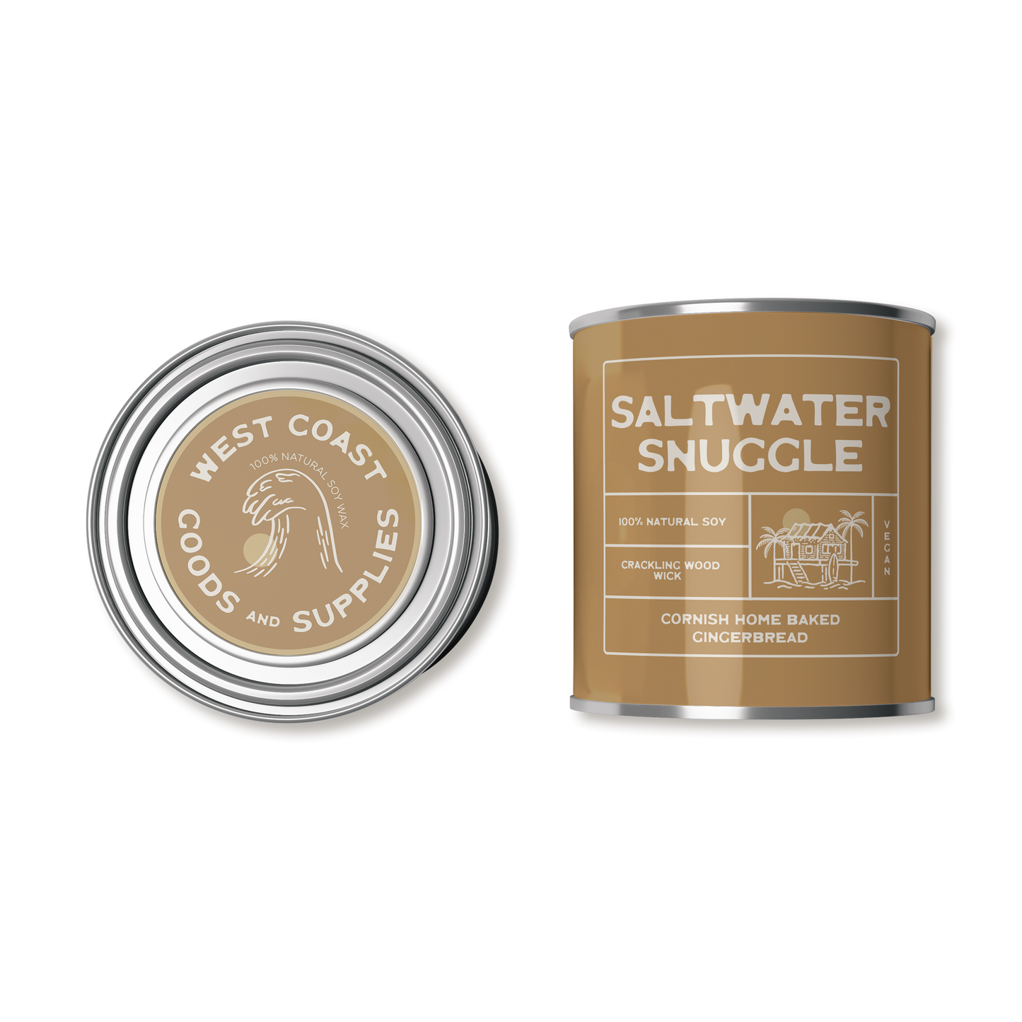 This product is a scented candle from "Kernowfornia Soul Candle Co" with a natural, minimalist design. It features the scent "Saltwater Snuggle" with notes of Cornish home baked gingerbread.  The tin is a soft burned orange.  Made with 100% natural soy and a crackling wood wick, it's also vegan-friendly