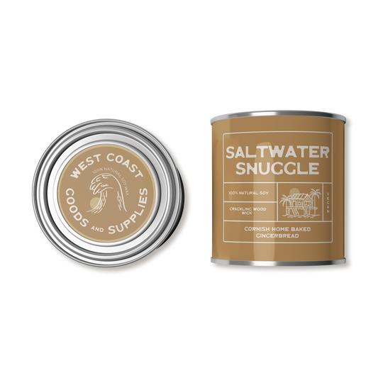 This product is a scented candle from "Kernowfornia Soul Candle Co" with a natural, minimalist design. It features the scent "Saltwater Snuggle" with notes of Cornish home baked gingerbread.  The tin is a soft burned orange.  Made with 100% natural soy and a crackling wood wick, it's also vegan-friendly