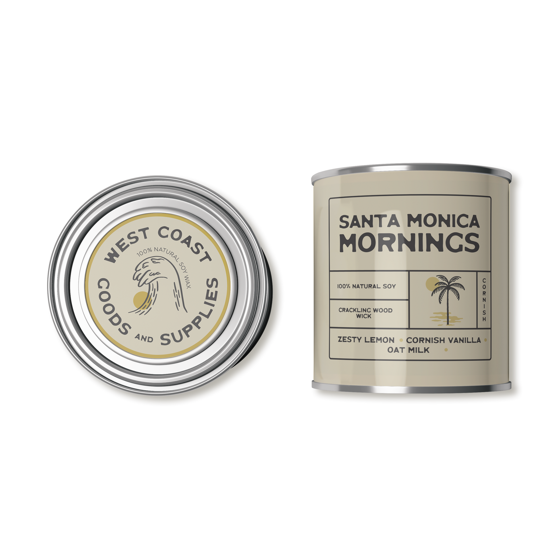 This product is a scented candle from "Kernowfornia Soul Candle Co" with a natural, minimalist design. It features the scent "Santa Monica Mornings" with notes of Sugared Lemon and Oat Milk.  The tin is a pale yellow. Made with 100% natural soy and a crackling wood wick.