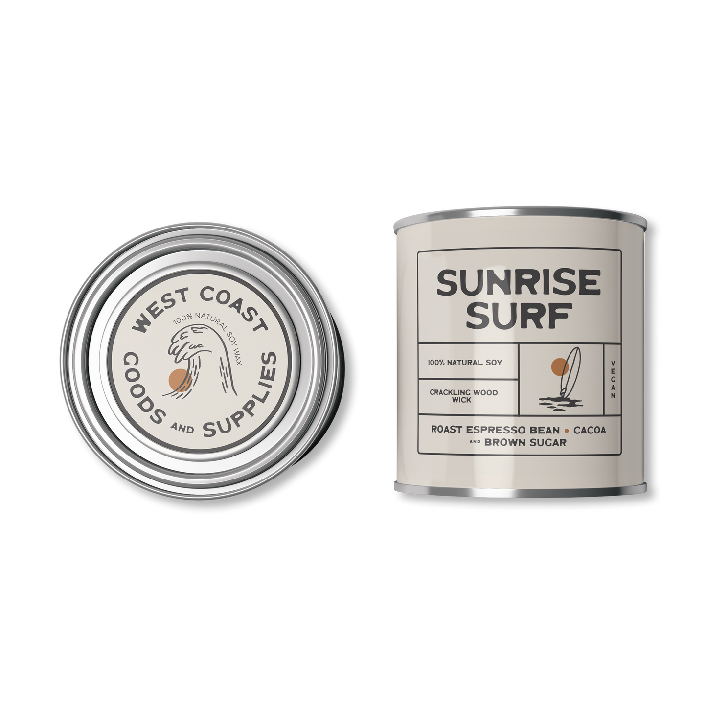 This product is a scented candle from "Kernowfornia Soul Candle Co" with a natural, minimalist design. It features the scent "Sunrise Surf" with notes of Dark Roast Pacific Espresso and Cocoa.  The tin is an off white.  Made with 100% natural soy and a crackling wood wick.