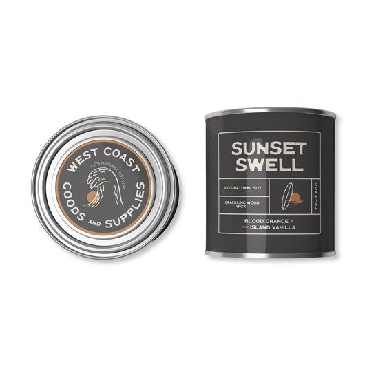 his product is a scented candle from "Kernowfornia Soul Candle Co" with a natural, minimalist design. It features the scent "Sunset Swell" with notes of Blood Orange and Island Vanilla.  The tin is an off black. Made with 100% natural soy and a crackling wood wick.